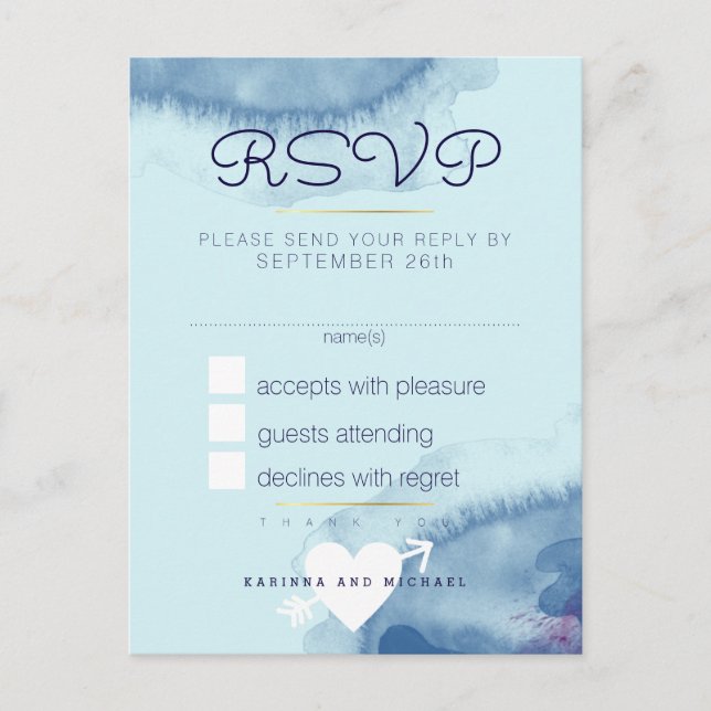 Antwort: Blaue Hochzeit mit Aquarellfarbe rsvp Einladungspostkarte (Vorderseite)