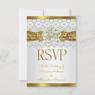 Antwort Hochzeit Weiße Perle Goldene Spitze Floral Einladung