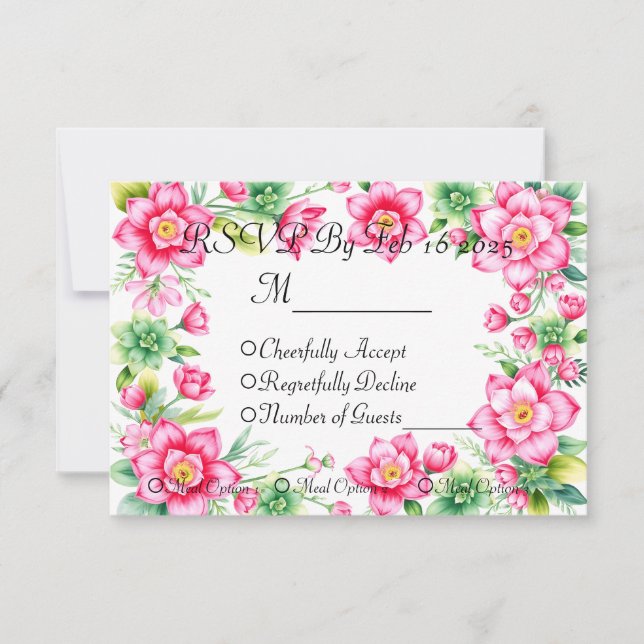 Antwort-Karte mit rosa Blume und Optionen für die  RSVP Karte (Vorderseite)