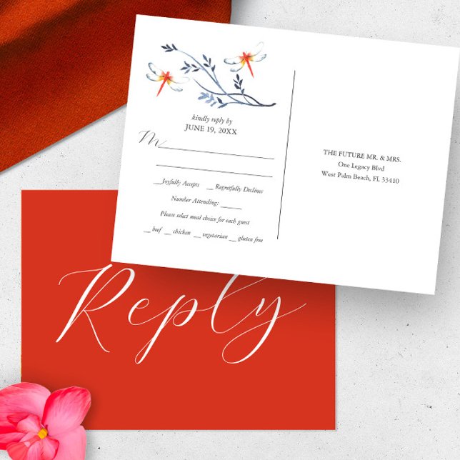 Antwort-Karte Wahl für Hochzeitsessen Postkarte (Wedding rsvp card features unique red dragonfly and botanical watercolor art by Victoria Grigaliunas)