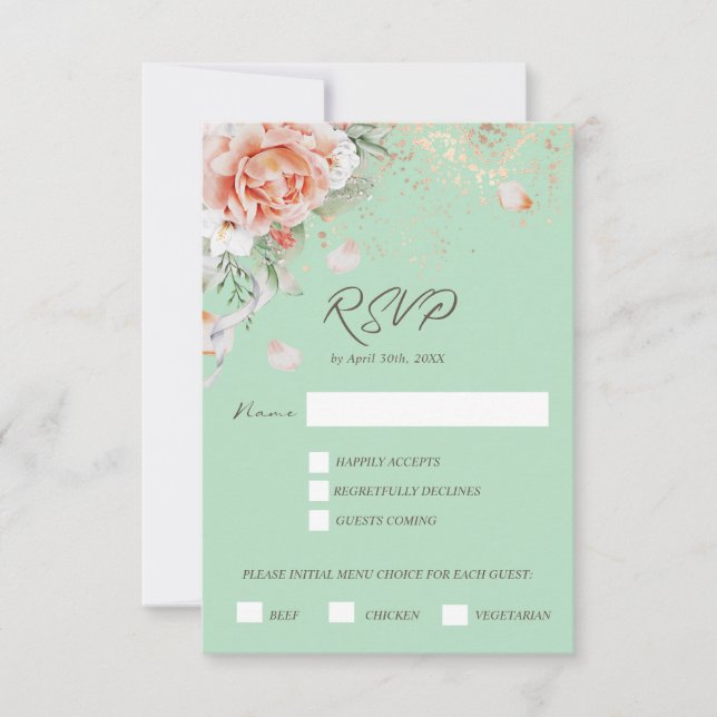 Antwortkarte für das Menü "Mint Green & Floral" RSVP Karte (Vorderseite)