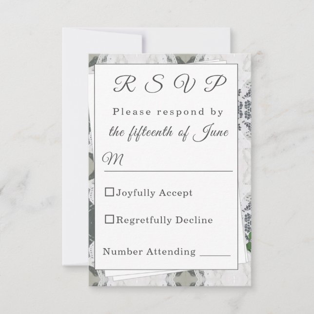 Antwortkarte für die weiße Spitze und die Rose der RSVP Karte (Vorderseite)