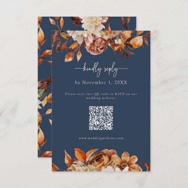 Antwortkarte für Navy Blue Herbstlaubs RSVP Karte (Vorne/Hinten)