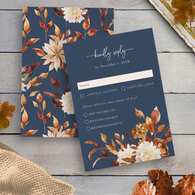 Antwortkarte für Navy Blue Herbstlaubs RSVP Karte (Navy Blue Fall Leaves Floral Response Card by Painted Paperie
)