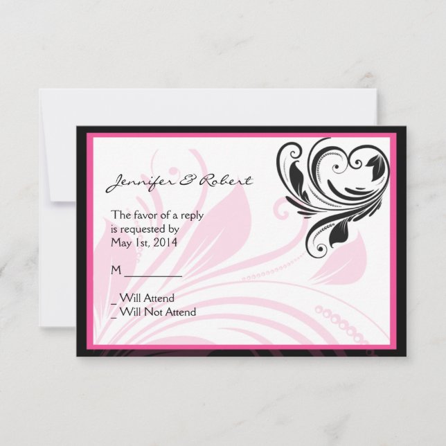 Antwortkarte für schwarz-schwarz-rosa Florenscroll RSVP Karte (Vorderseite)