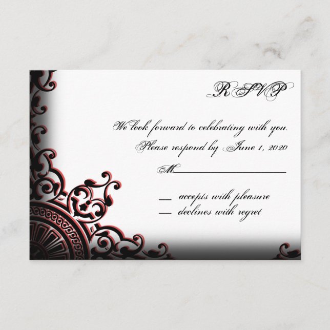 Antwortkarte für schwarze und rote Gothic-Rollen RSVP Karte (Vorderseite)
