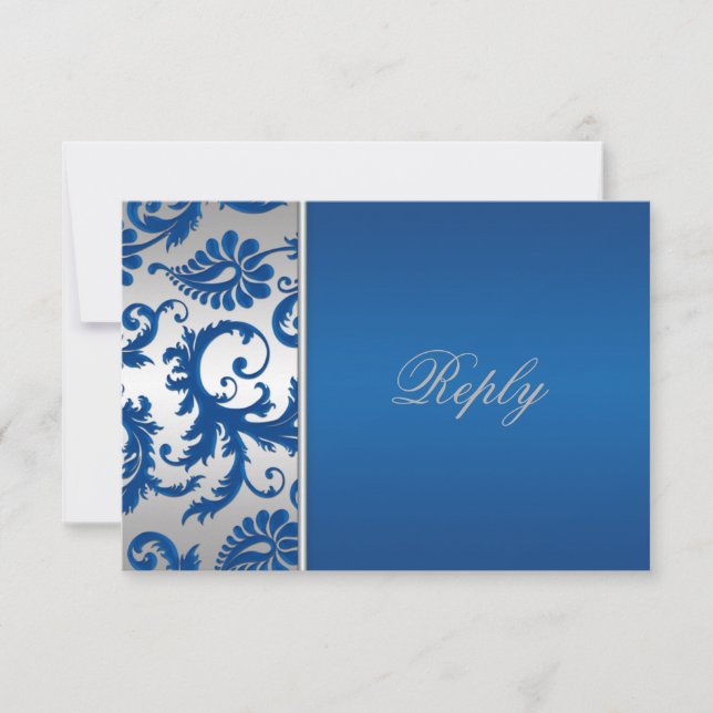 Antwortkarte für Silber und Cobalt Blue Damask RSVP Karte (Vorderseite)