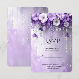 Antwortkarte mit lila Blumen und baumelnden Perlen RSVP Karte