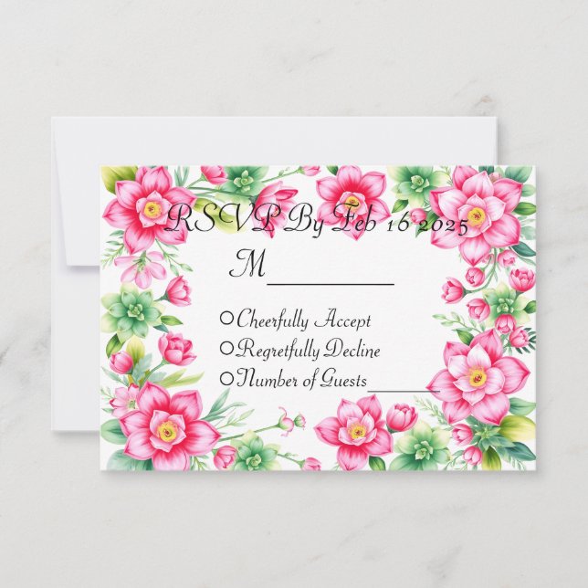 Antwortkarte mit rosa Blume ohne/oder Essensoption RSVP Karte (Vorderseite)