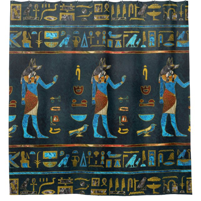 Anubis ägyptisches Gold-, Blaues und Rotesglas Duschvorhang (Vorderseite)