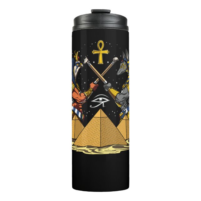 Anubis Egyptian God Ra Ankh Eye of Horus Pyramids Thermosbecher (Vorderseite)