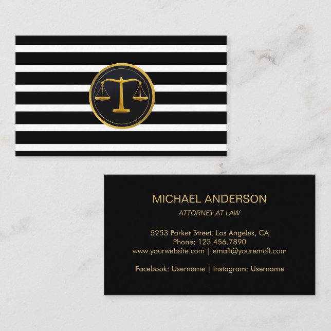 Anwalt bei Law Gold Scale Modern Stripes Lawyer Visitenkarte (Vorne/Hinten)