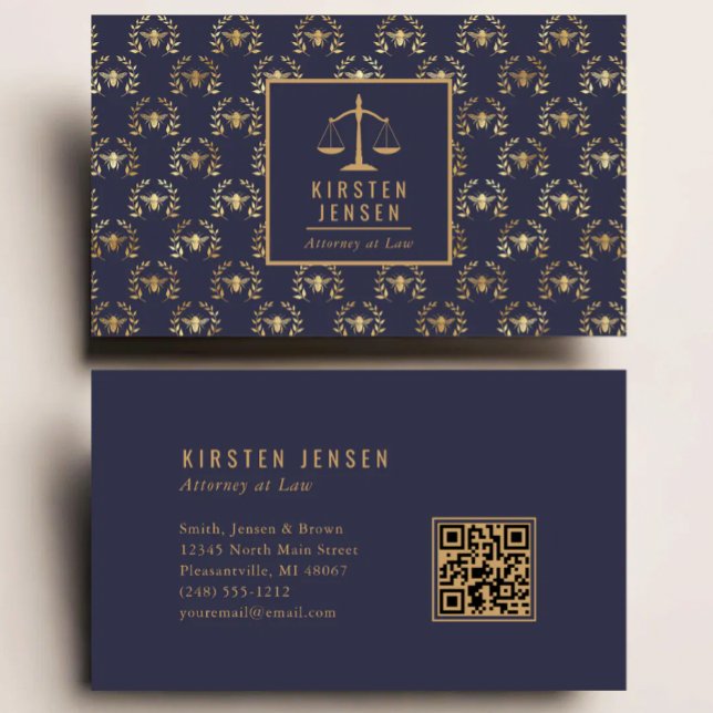 Anwalts-QR-Code Dunkelblau Gold Biene Lorbeer Must Visitenkarte (Von Creator hochgeladen)