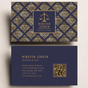Anwalts-QR-Code Dunkelblau-Gold-Damaskus-Muster Visitenkarte