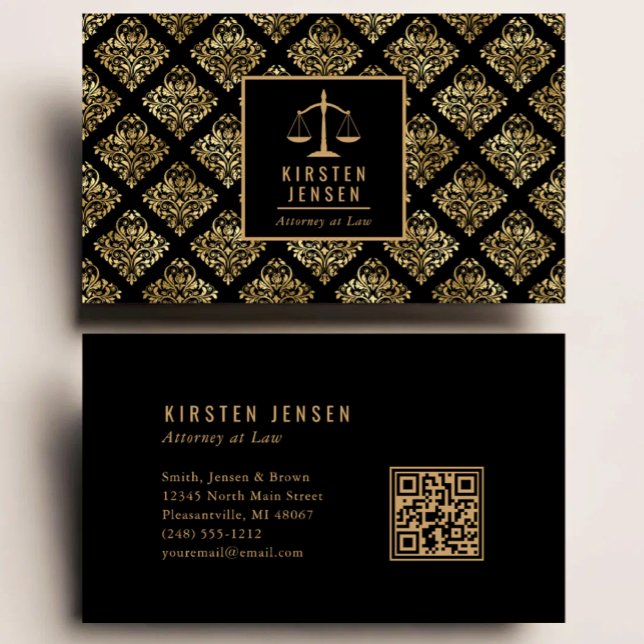 Anwalts-QR-Code Schwarz Gold Damastmuster Visitenkarte (Von Creator hochgeladen)