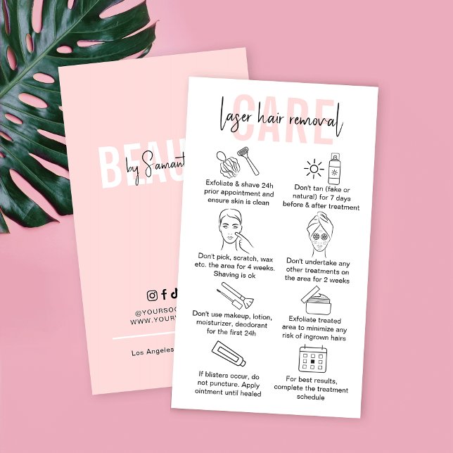 Anweisungen zum Entfernen des Laserhaars nach der  Visitenkarte (Laser hair removal post-treatment care instructions cards in pink and white design)