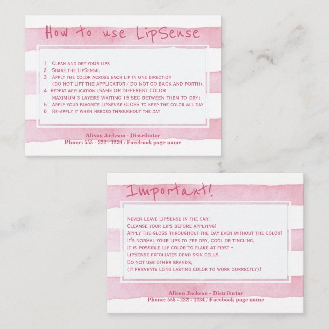 Anwendungshinweise für den Lippenvertrieb Visitenkarte (Vorne/Hinten)