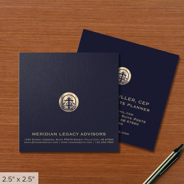 Anwesen Planning Business Cards Square Quadratische Visitenkarte (Elegant Square Brushed Metallic Gold Logo Customizable for Any Profession)