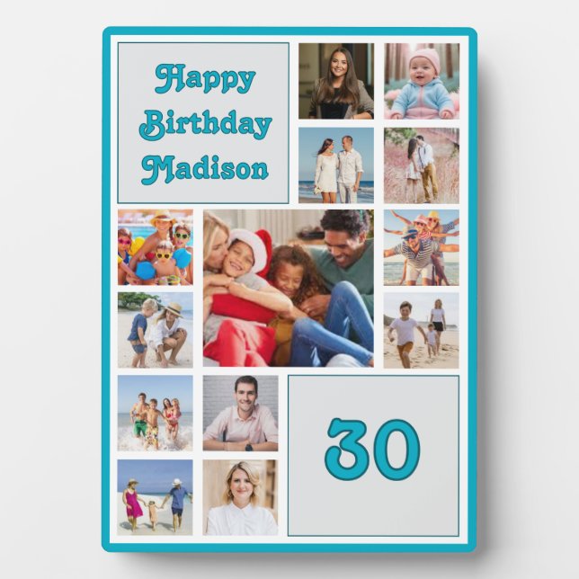 Any age birthday photo collage with blue border   fotoplatte (Vorderseite)