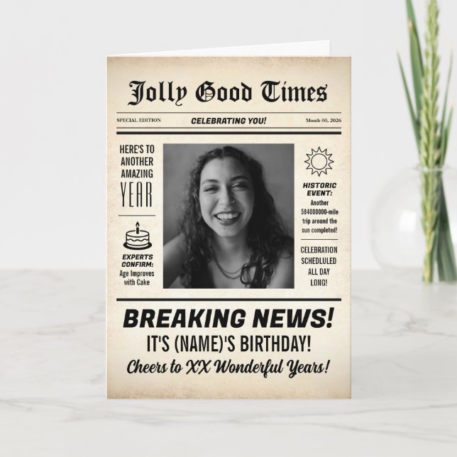 Any Age, Custom Photo, Vintage Newspaper Birthday Karte (Vorderseite)