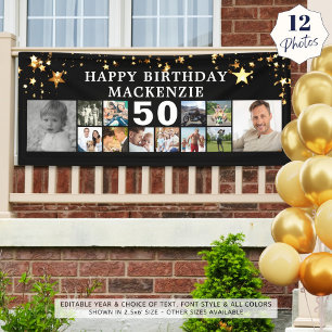 Any Birthday 12 Photo Collage Gold Stars Black Banner