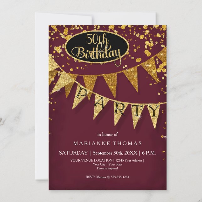 Any Birthday Burgundy Gold Pennant Banner Confetti Einladung (Vorderseite)