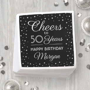 ANY Birthday Cheers Confetti Black White & Silver Serviette