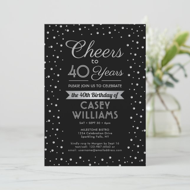 ANY Birthday Cheers Elegant Confetti Black Einladung (Stehend Vorderseite)