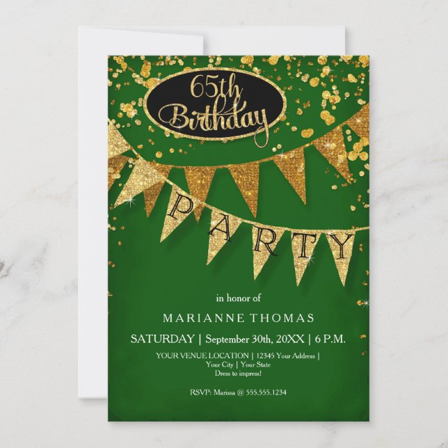 Any Birthday Emerald Gold Pennant Banner Confetti Einladung (Vorderseite)