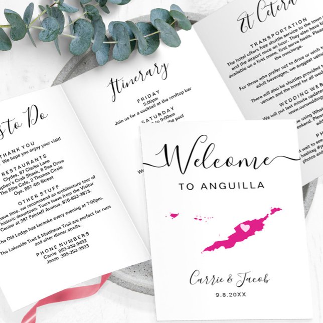 Any Color Anguilla Wedding Bag Welcome Itinerary Dreifach-gefaltete Programmkarte (Anguilla Wedding Welcome Bag Trifold Card & Itinerary)