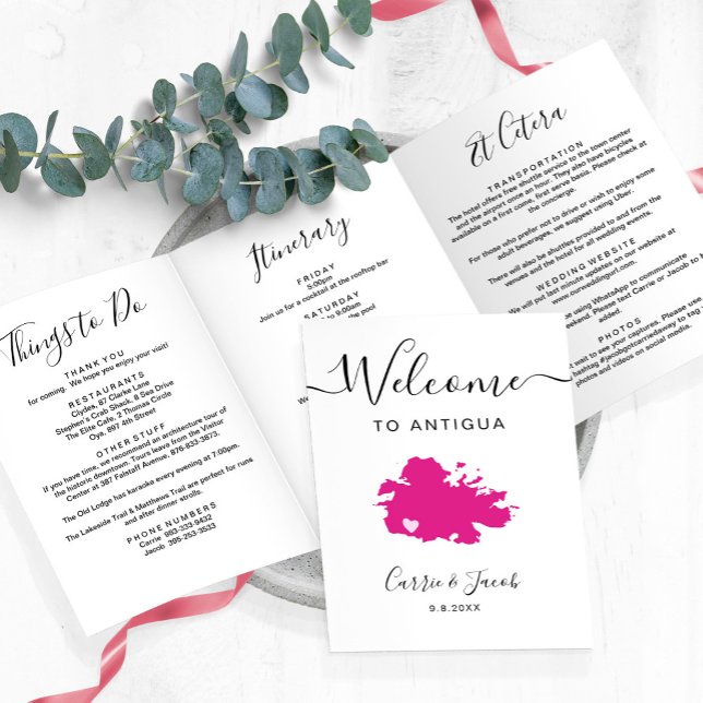 Any Color Antigua Wedding Bag Welcome Itinerary Dreifach-gefaltete Programmkarte (Antigua wedding welcome letter )