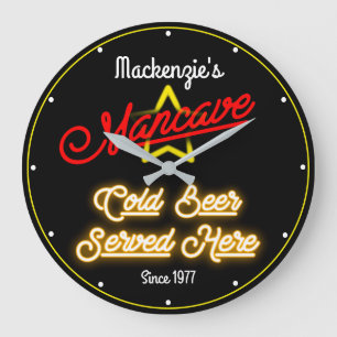 Any Name Mancave Retro Faux Red Yellow Neon Black Große Wanduhr