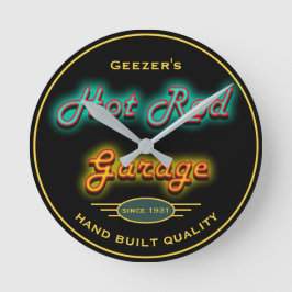 Any Name Neon Look Hot Rod Garage Any Date - Runde Wanduhr