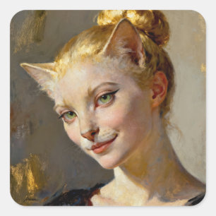 „Anya, äußerst zufrieden“ – Eine feminine Katze Quadratischer Aufkleber