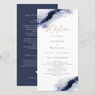 ANYA Navy Blue Watercolor Gold Wedding Program Dankeskarte