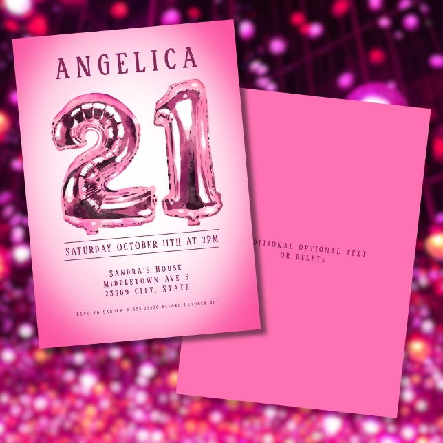 Anzahl Ballons 21. Rosa Geburtstagsfeier Einladung (Number Balloons 21st Birthday Invitation)