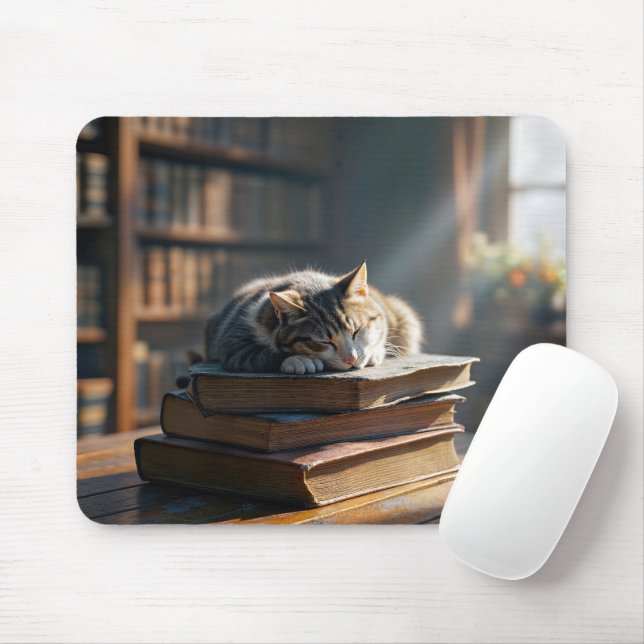 Anzeigen von Tabby-Katzen in Bibliotheksbüchern Mousepad (Mit Mouse)