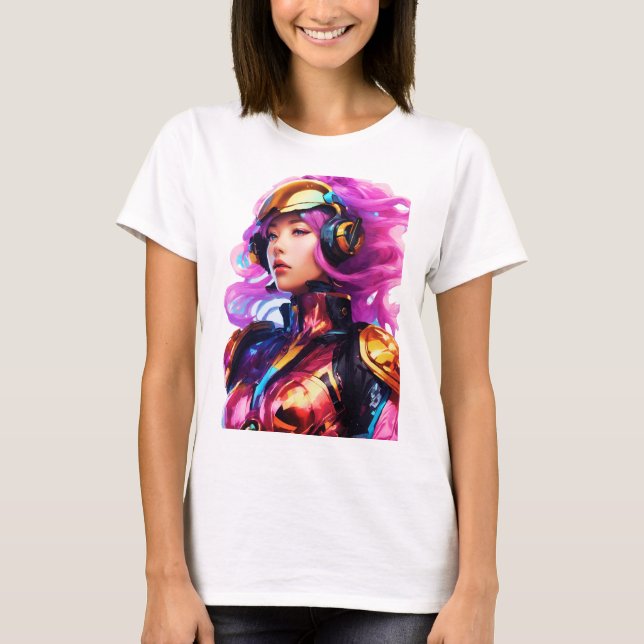 Anzug im engen Raum, getragen von einer Frau T-Shirt (Vorderseite)