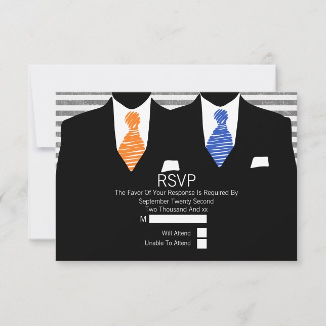 Anzug Orange Blue Krawatte Gay Wedding RSVP Karte (Vorderseite)