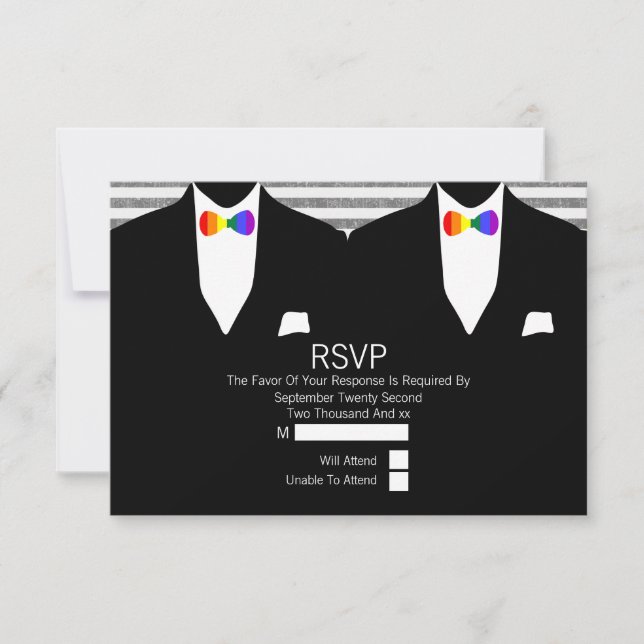 Anzug Rainbow Bow Krawatte Gay Wedding RSVP Karte (Vorderseite)