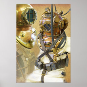 Anzug und Helm für Tiefseetauchen Poster