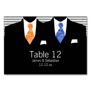 Anzug und Krawatte (orange / blau) Gay Wedding Tischnummer