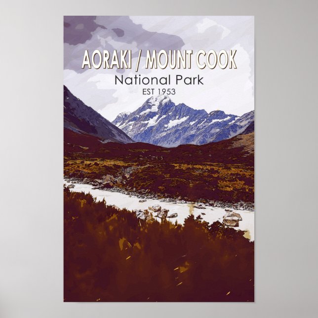 Aoraki Mount Cook Nationalpark Neuseeland Retro Poster (Vorne)
