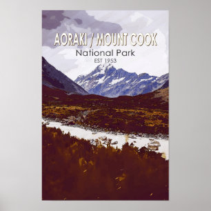 Aoraki Mount Cook Nationalpark Neuseeland Retro  Poster