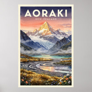 Aoraki Mount Cook Neuseeland Vintage Reise Poster