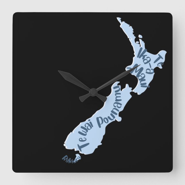 Aotearoa NZ Karte, Inseln in Māori Sprache Quadratische Wanduhr (Vorderseite)