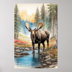 *~* AP49 MOOSE Rocks Stream Forest Nature Poster