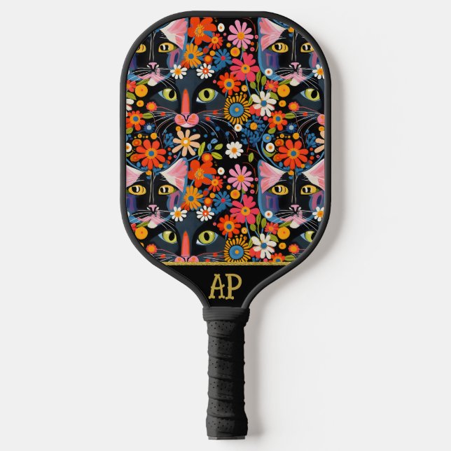 *~* AP68 Floral Whimsical Quirky Cat FOTO 3 Pickleball Schläger (Vorderseite)
