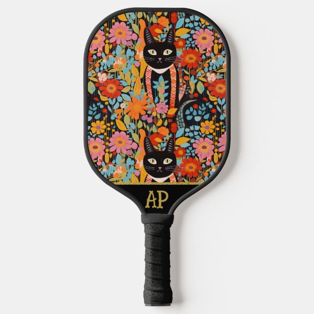 *~* AP68 Floral Whimsical Quirky Cat FOTO 5 Pickleball Schläger (Vorderseite)