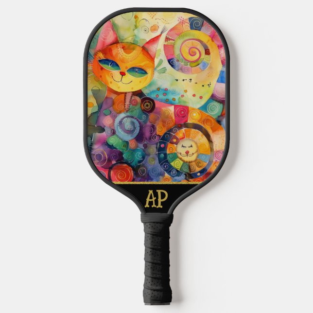 *~* AP68 Whimsical Quirky Cat Vibrant Colorful 2 Pickleball Schläger (Vorderseite)